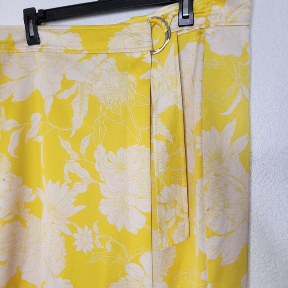 H&M Size 18 Yellow Floral D-Ring High Waist Midi Woven Fabric Wrapover Skirt - Picture 7 of 8
